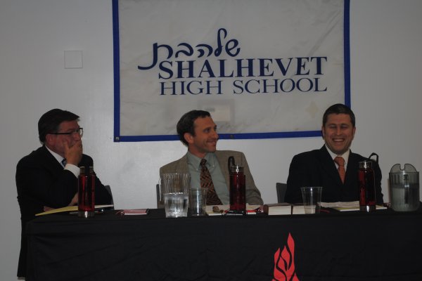 Rabbis of the three leading Modern Orthodox shuls shared a light moment during an otherwise intense discussion of issues ranging from how to treat gays to skateboards on Shabbat. From left, Rabbi Elazar Muskin of Young Israel of Century City; Rabbi Yosef Kanefsky of Bnai David-Judea; and Rabbi Kalman Topp of Beth Jacob.