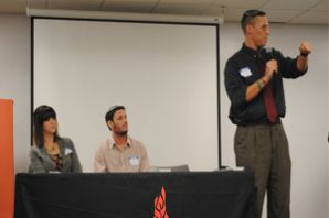 ETHICAL EATING: Rose Lict, left, Justin Goldstein, center, and Rabbi Shmuly Yanklowitz, right, answer student questions about Judaism’s relationship with food, Feb. 17.