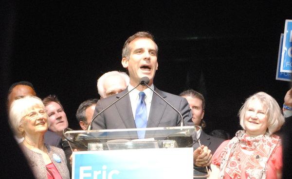 VICTORY: Mayor-elect Eric Garcetti told supporters at the Hollywood Palladium that it was time to "rebuild Los Angeles."  He became the city's first Jewish mayor and won a majority of nearly every ethnic, geographic and demographic group.