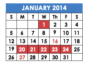 MISSING: Finals week does not appear on the Shalhevet calendar for next January.  The red days Jan. 20 - 24 are Winter Break, and Jan. 16 is Tu B'Shvat.