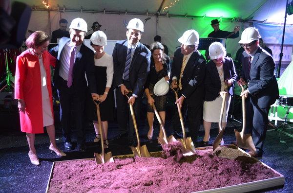 DIG: The Feders, Gills, Friedmans, and Rabbi Segal wield symbolic shovels at a mock ground-breaking for the new building last June. Shalhevets new name will be the Jean and Jerry Friedman Shalhevet High School