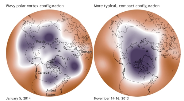 POLAR: The globe on the right shows the "polar vortex" in its normal position over the far north, whereas the one on the left shows how far it had spread on Jan. 10 of this year.