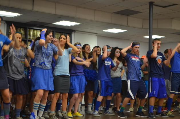 DANCE: The Blue Team shows off its moves during Color Wars Opening Ceremonies.  Though the team lost for its song and Dvar Torah, it beat out red for its dance. 
