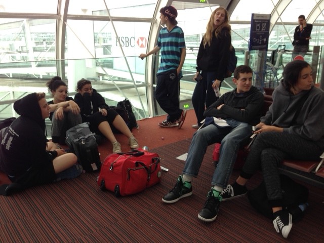 WAITING: After missing a connection when their flight from LA arrived late, seniors passed the time at Charles de Gaulle Airport in Paris.