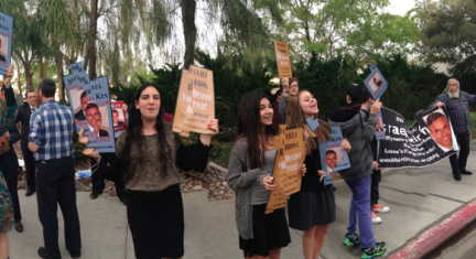 PROTEST: Sophomores Ariella Cohen, Shirin Nataneli and Natacha Chowaiki hold signs outside Meir Kin’s Las Vegas wedding March 20.  Despite remarrying, he has not given his wife a get.