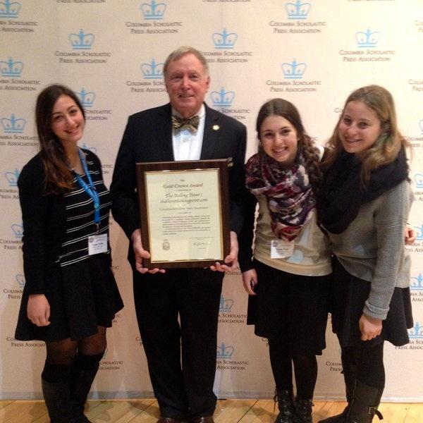 WINNERS: Tamar Willis, Nicole Feder and Goldie Fields accept the Gold Crown Award from CSPA’s C. Bruce Watterson in New York City.