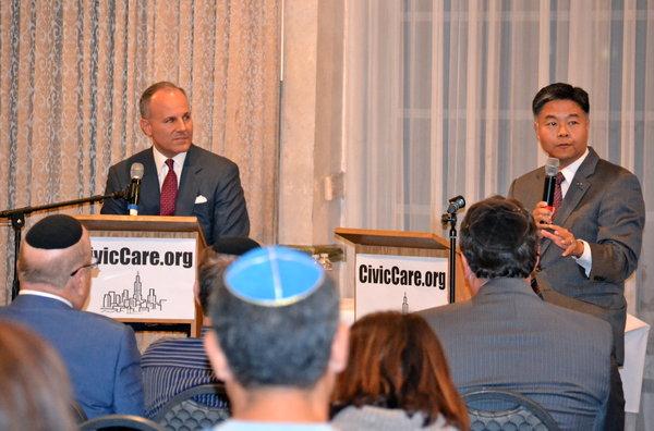 DEBATE: Elan Carr, left, debated Ted Lieu at Beth Jacob Oct. 28. Mr. Lieu is now congressman-elect.