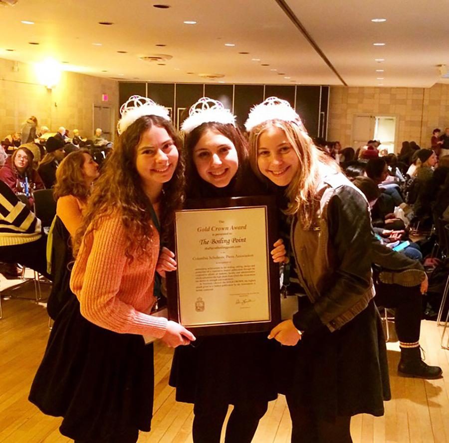 CROWNED: Seniors Goldie Fields, Nicole Feder and Margo Feuer collect the Gold Crown Award at CSPA conference in March 20 New York. 