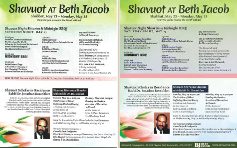 PLANS: Beth Jacob invites teens to shiur with Rabbi Rosenblatt in pink on flyer (left), but cancels
it with new flyer (right) before news media described his naked sauna visits with students.