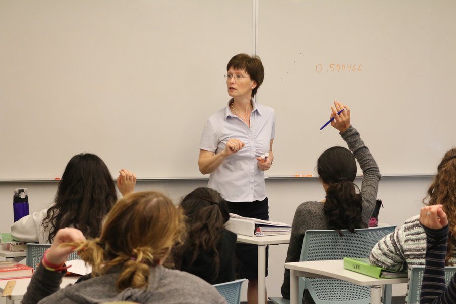 PRODIGY: Mrs. Malikov teaching a freshman Algebra class last month. She emigrated from Russia as a newlywed after earning degrees in mathematics at Moscow University. 
