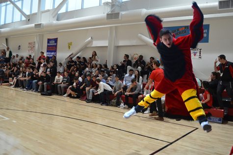 SOAR: Firehawk Mascot Eli Greenberg shows the meaning of ruach (spirit) even without his bird mask. The Glouberman Tournament included seven new teams this year from Los Angeles to Israel to compete in memory of almuni parent Steve Glouberman. See stories on pages 21 and 22.