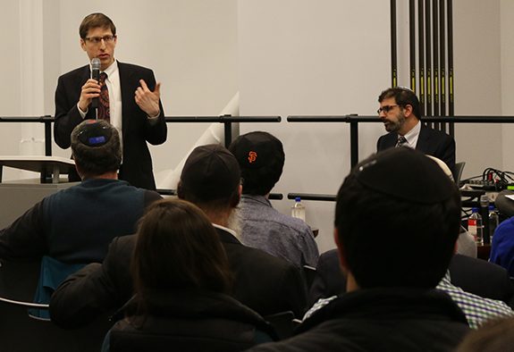 DIVISION: Rabbi Jeremy Wieder, left, and Rabbi Asher Lopatin agreed on most topics, but disagreed as to whether outdated laws must be challenged but obeyed or considered for innovation.