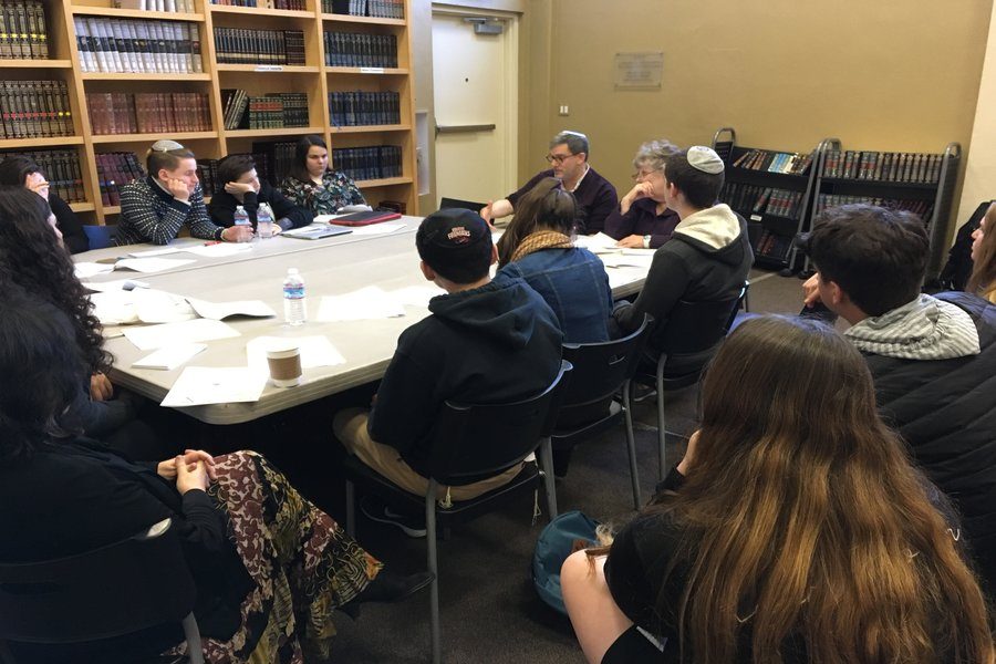 STUDY:  Attorney Joseph Lipner applied the First Amendment to school newspapers in his talk, titled Freedom of the Press in Religious High Schools, in the Beit Midrash of B’nai David-Judea.