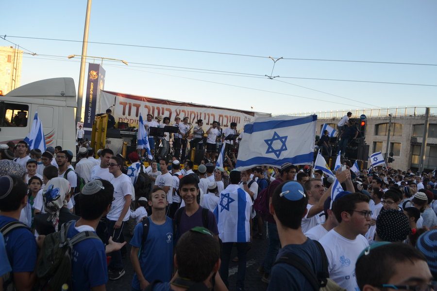 CELEBRATE: Shalhevets senior class joined thousands of Jews gathered at the bottom of Rachov Yafo in front of City Hall in Jerusalem to celebrate Yom Yerushalayim on May 24 at the end of their Poland-Israel Experience. 