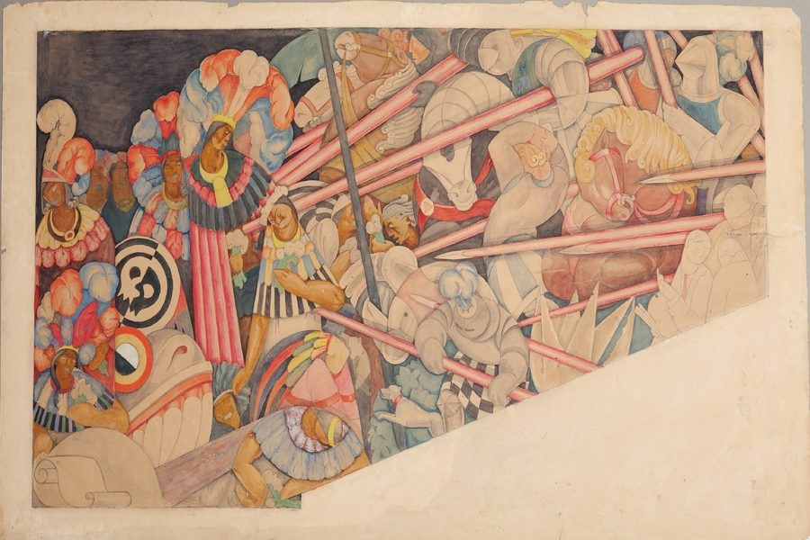 Color: The Massacre in the Main Temple, by Jean Charlot, 1922. Charlot was one of many artists who Anita Brenner inspired to create powerful Mexican art.