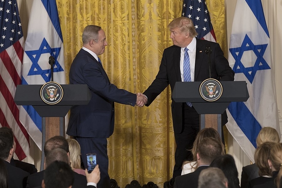 AGREE: President Trump and Israeli Prime Minister Benjamin Netanyahu shook hands at the White House on Feb. 15, 2017. Last month, President Trump announced he would move the U.S. embassy to Jerusalem from Tel Aviv.