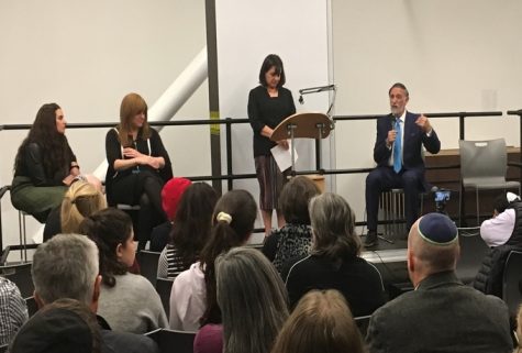 LISTENING: At a recent Shalhevet Institute event moderated by Ms. Julie Fax, center, members of the community heard Ms. Atara Segal, Rabbi Abraham Lieberman and Rabbanit Pnina Neuworth discuss modesty, leadership and other concerns in Modern Orthodoxy.