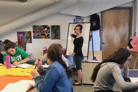 SHARE: Senior and AP Art student Sydney Gross, standing at easel, is the first student ever invited to teach Roen Salems 10th-grade Composition & Design classes.  