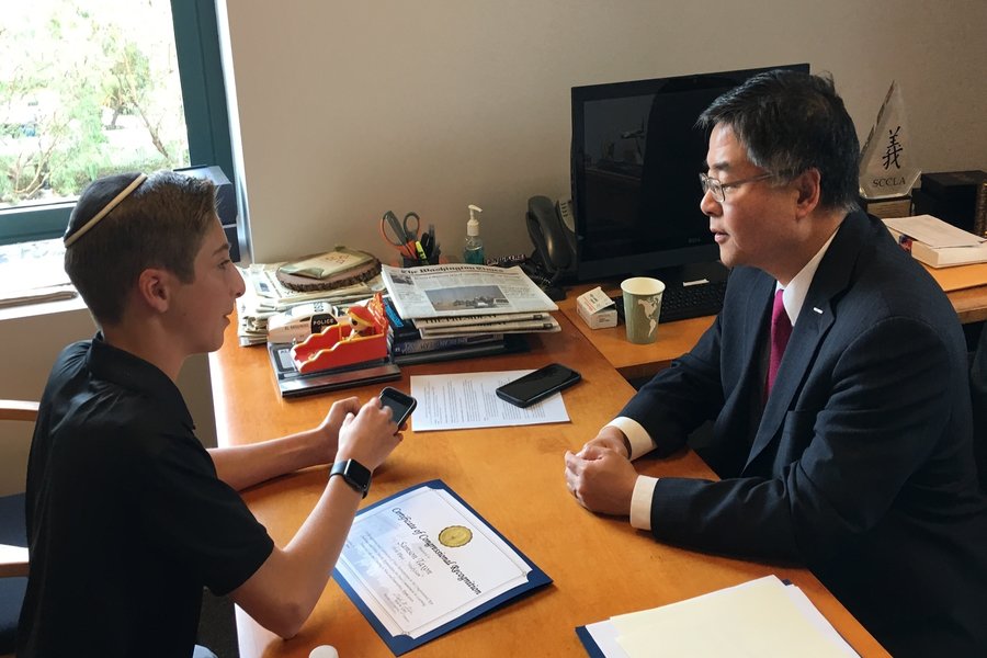 WINNER: Samson got to meet Congressman Ted Lieu when receiving his award. In addition to meeting the Congressman, Samson has the chance to travel to Washington, D.C. and present his app in the Capitol Building.