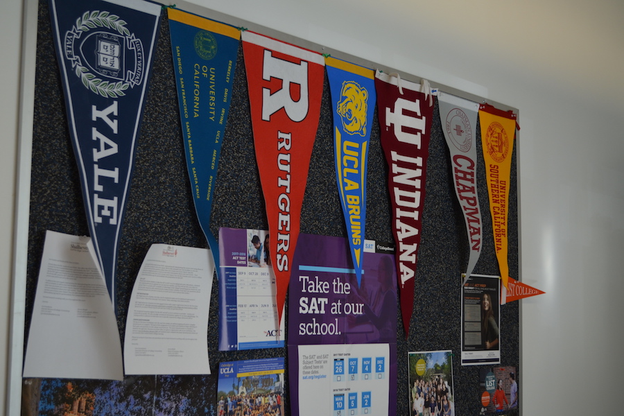 DISPERSION: College banners hang outside College Counselor Lisa Gruenbaum's office, representing the diversity in the decisions kids make about where to go to college.