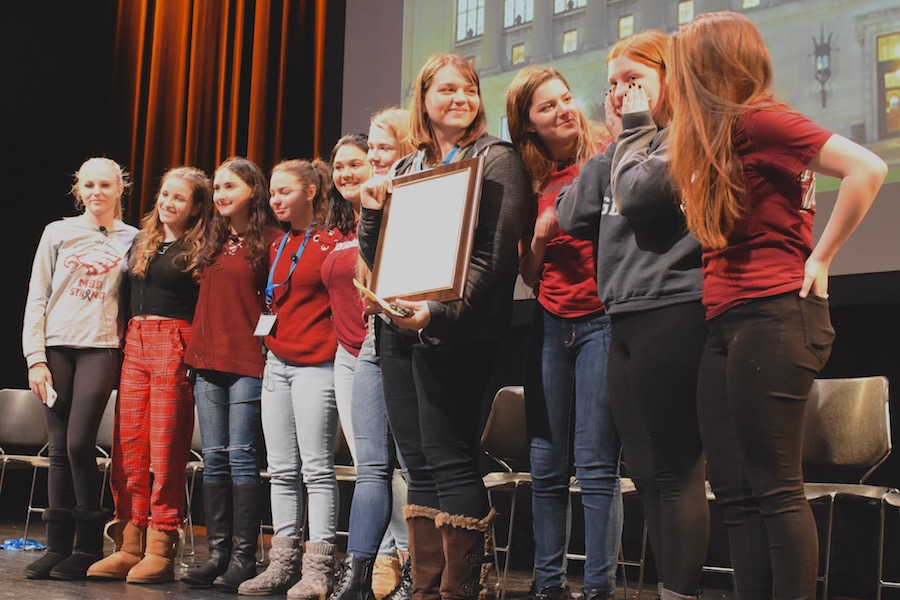 AWARD: Newspaper and Yearbook staff of Marjory Stoneman Douglas High School in Parkland, Fla., accept a Gold Crown Award from CSPA March 16 in New York City. An audience of about 1,200 students and advisers, including staff of the Boiling Point, gave them a standing ovation.