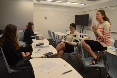  RELEVANT: Judaic Studies teacher Ms. Ilana Wilner, right, and Rabba Ramie Smith, center, described laws of marriage to seniors girls.