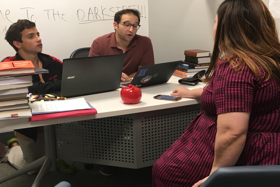 COUNT: From left, Sam Hirschhorn, Rabbi Ari Schwarzberg and Academic Dean Aviva Walls compiled tallies after school in Rabbi Schwarzberg's office from today's Just Community elections.