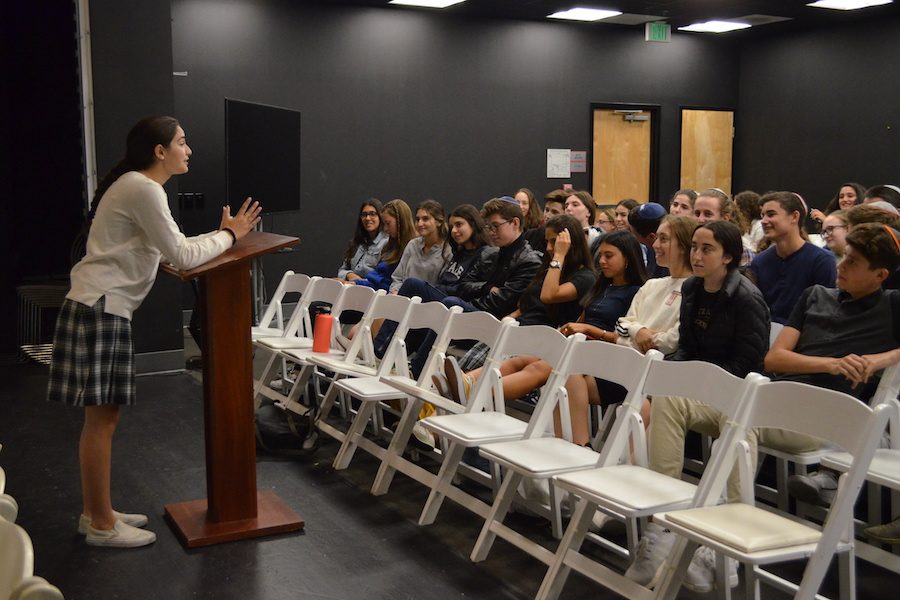 SPEECH:   Gaby Lasry addressed the 11th grade Sept. 13 as candidates for Fairness, Agenda and SAC campaigned in their respective grades. Students then cast their votes for two representatives for each Just Community branch.  BP Photo by Alyssa Wallack. 
