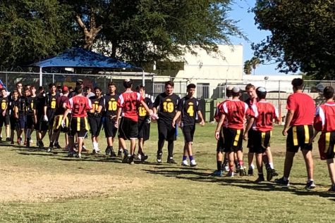 NEIGHBORS:   Firehawk and Panther flag football players, many of whom grew up together and attended the same elementary schools, congratulated one another after a contentious game Sept. 16 at Woodley Park in Van Nuys.
