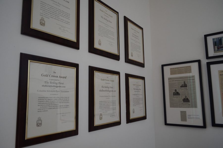 DISPLAY:   CSPA Gold Crown awards from six previous years hang in the second-floor foyer at school. Nominated for a seventh, the Boiling Point has also won major awards NSPA and the American Jewish Press Association.
