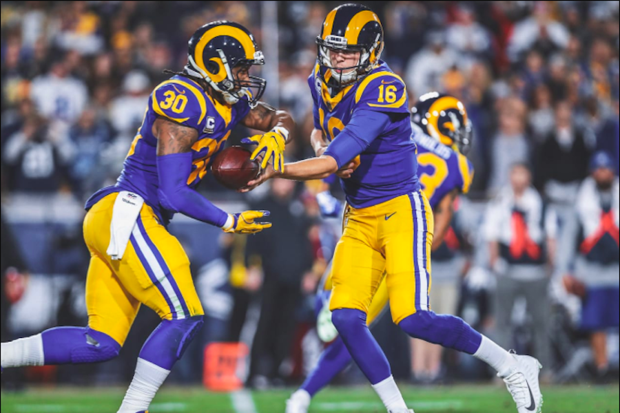 WINNERS%3A+++LA+Rams+running+back+Todd+Gurley+receives+a+hand-off+from+quarterback+Jared+Goff+in+the+teams+30+-+22+victory+over+the+Cowboys+Saturday+night.