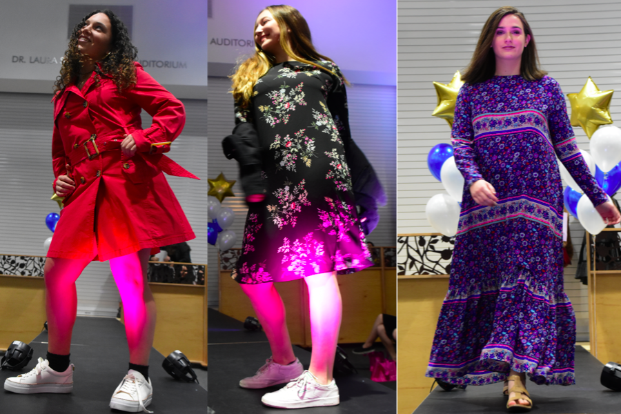 STYLE:   Above, left, freshman Danielle Finn modeled a red button down coat. Senior Ari Sassover, middle, donned a black floral dress and corduroy jacket. Sophomore Rebecca Cohen, right, wore a long floral dress with sandles.
 BP Photos by Neima Fax