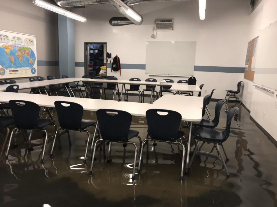 SUBMERGED: Water in Room B101 was about 3 inches deep at 1:30 p.m. today.