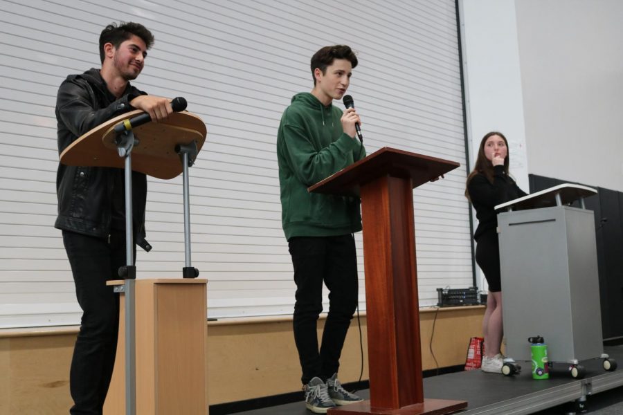 DEMOCRACY: Newly elected Agenda Chair David Edwards, center, said at today’s candidate debate that he would “revise and revive” the school constitution and start an Agenda Instagram. Defeated candidates were Maya Tochner, this year’s vice chair, and Noah Hertzberg.