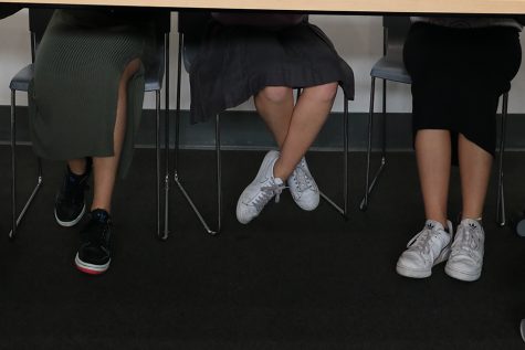 LONGER:  Freshmen Amalia Abecassis, Zoe Miller and Tehilla Fishman worked on a class project last month. This year, girls are wearing midi, maxi and uniform skirts after Shalhevet changed its dress code to ban knee-length pencil skirts. 