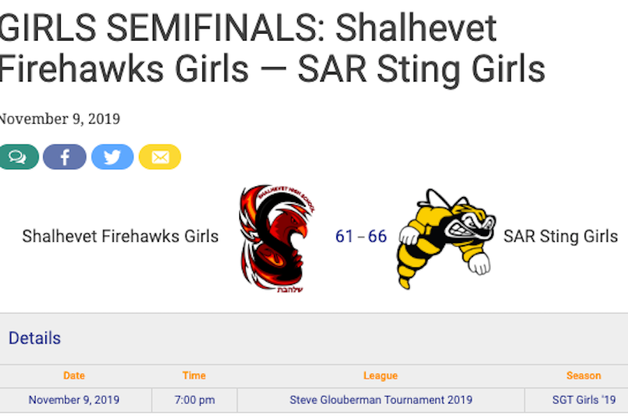 SAR Sting girls beat Shalhevet Firehawks to advance to the championship where they will face the Maimonides MCATS at 10:00 PM