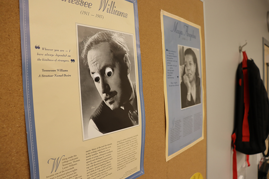 VANDALIZED: Several posters of famous authors and playwrights, including Tennessee Williams, were vandalized in Ms. Nagels and Ms. Crincolis rooms.