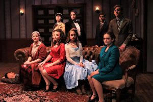 MYSTERY: The cast of Shalhevet Dramas fall mainstage sought a murderer while making larger points about the dramatic and journalistic arts.  Clockwise from far left, Lehava Segal, Hannah Poltorak, Rebecca Cohen, Zach Rub, Jacob Lefkowitz Brooks, Ariel Urman, Zoe Ritz and Neima Fax.