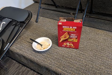 MESS: Food and garbage continued to be found in classrooms after the Fairness Committee warned it would lead to locked classroom doors. Above, crackers and cereal with milk were left in Room 308 after lunch Feb. 20.