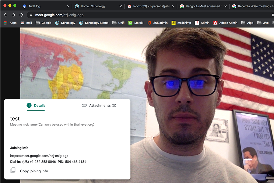 SCREEN: A Google Hangouts window shows IT Director Nick Parsons testing the web application for the online class trial set for Monday. School officials have planned a “preparedness drill” in case school closure is needed because of coronavirus.