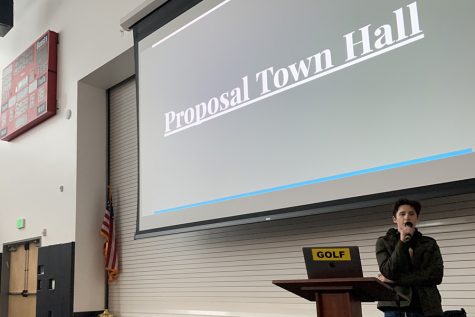 LIVE: Agenda Chair David Edwards led a discussion on proposals at Town Hall in the gym Feb. 4. It turned out to be one of the last times that the entire Shalhevet community gathered in person this year.