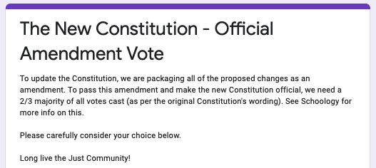 BALLOT: Online voting on a multi-part amendment to the Just Community constitution is open from 9 a.m. until 5 p.m. today.