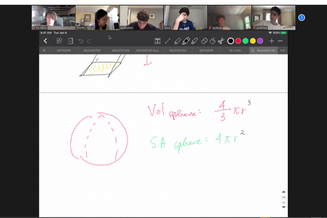 MATH: Ninth-graders in Ms. Kong’s Honors Geometry class studied the volume of three-dimensional shapes on Zoom this morning. Students say they appreciate the reduction in homework, though some still find learning harder via computer.