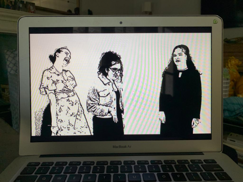 ADAPTED: For Yishai Thaus play Speak Now, about a graduation party, a professional videographer created an animated screen using photos of the actors.  From left, Hannah Poltorak, Talya Kukurudz and Neima Fax played graduating seniors.