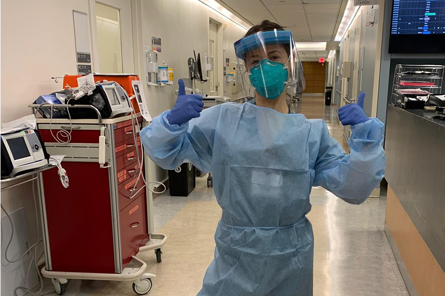 STRONG: Sydney Miller ’13 is ready for her shift at  NYU-Lagone Hospital’s coronavirus unit April 20.