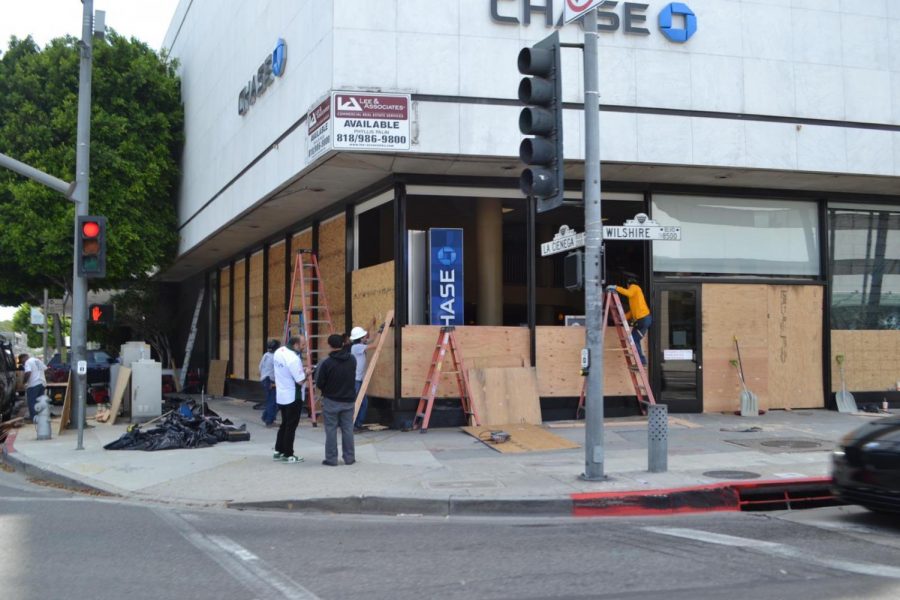 Also attacked was the Chase bank branch at the corner of Wilshire and La Cienega boulevards.