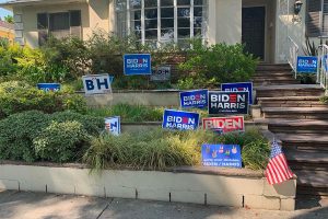 RECOVERED: Stolen political yard signs were set up on the front lawn of Amanda Kogan in Beverlywood Oct. 5 so people could pick them up. Ms. Kogan posted on NextDoor that shed found the signs, which had been dropped in a pile on Wooster and 18th streets.