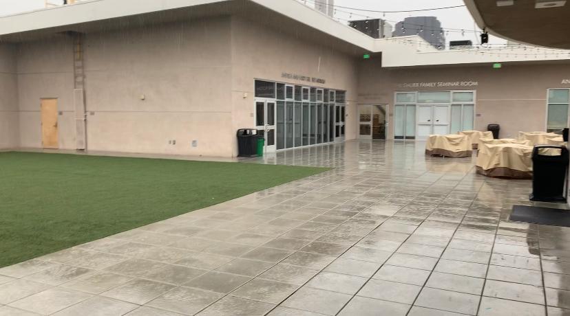 WET: Rain pummelled the rooftop turf March 12, 2020. The roof is now home to the Leah, Yaakov, Rachel, Avraham, and Sarah open-sided tents where Judaic Studies classes are held for those who want to learn on campus during Covid.
