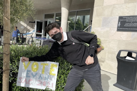FIRST: Sophomore Evan Beller, running for vice-chair of the Student Activities Committee, was the first person to bring a physical sign to school to campaign. Just Community elections are scheduled for this Friday, after a morning showing of campaign videos. Agenda Chair candidates will debate Thursday.