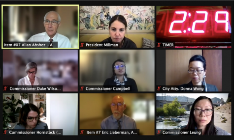 TIMED: Allan Abshez, top left, spoke for 12 minutes on behalf of the hotel’s developers at a Los Angeles City Planning Commission meeting last Thursday on Zoom.  He said other hotels in the area do not consider needs of the area’s Jewish community.
